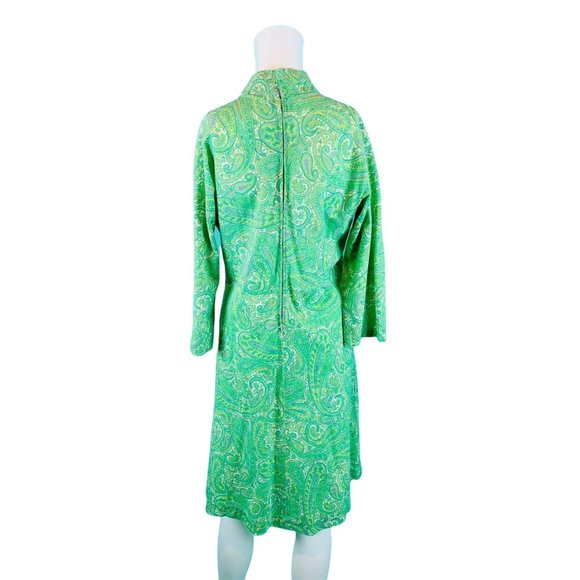 Vintage 1960s Lime Paisley Print Dress Green Mockneck Sheath | B 32" - Picture 7 of 8